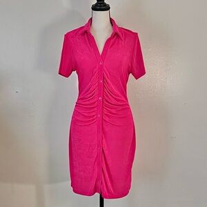 Ruched Button Down Collared Shirt Dress In Hot Pink